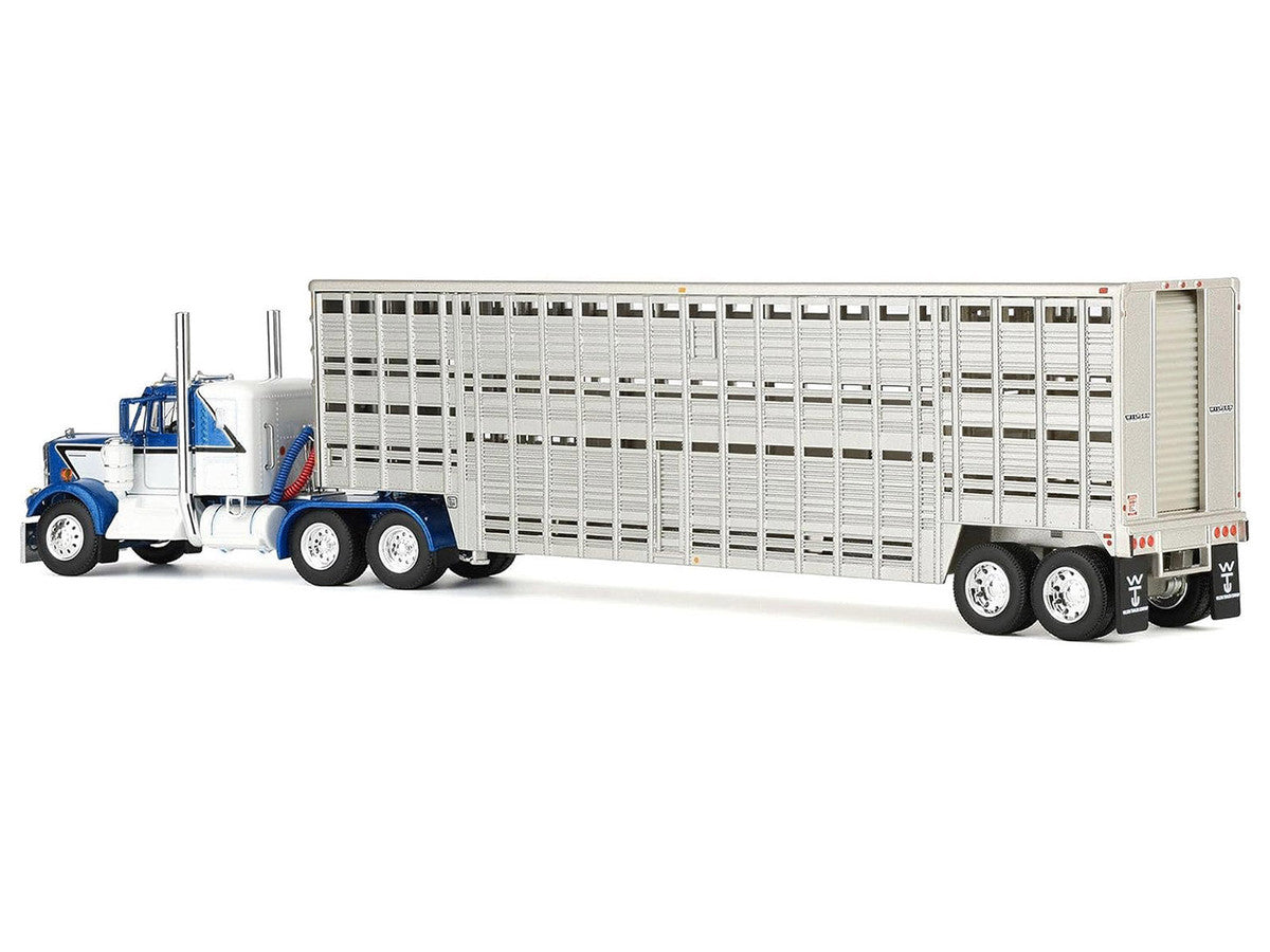 Kenworth W900A with 36" Sleeper and 45' Wilson Vintage Livestock Trailer Mariner Blue and White with Silver Trailer 1/64 Diecast Model by DCP/First Gear LuxuryLifeWay Online Store