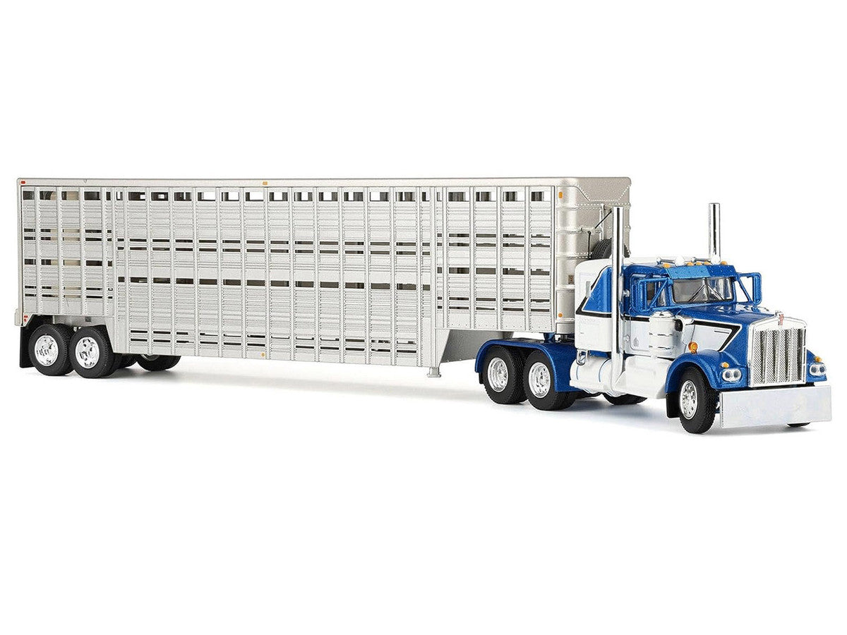 Kenworth W900A with 36" Sleeper and 45' Wilson Vintage Livestock Trailer Mariner Blue and White with Silver Trailer 1/64 Diecast Model by DCP/First Gear LuxuryLifeWay Online Store