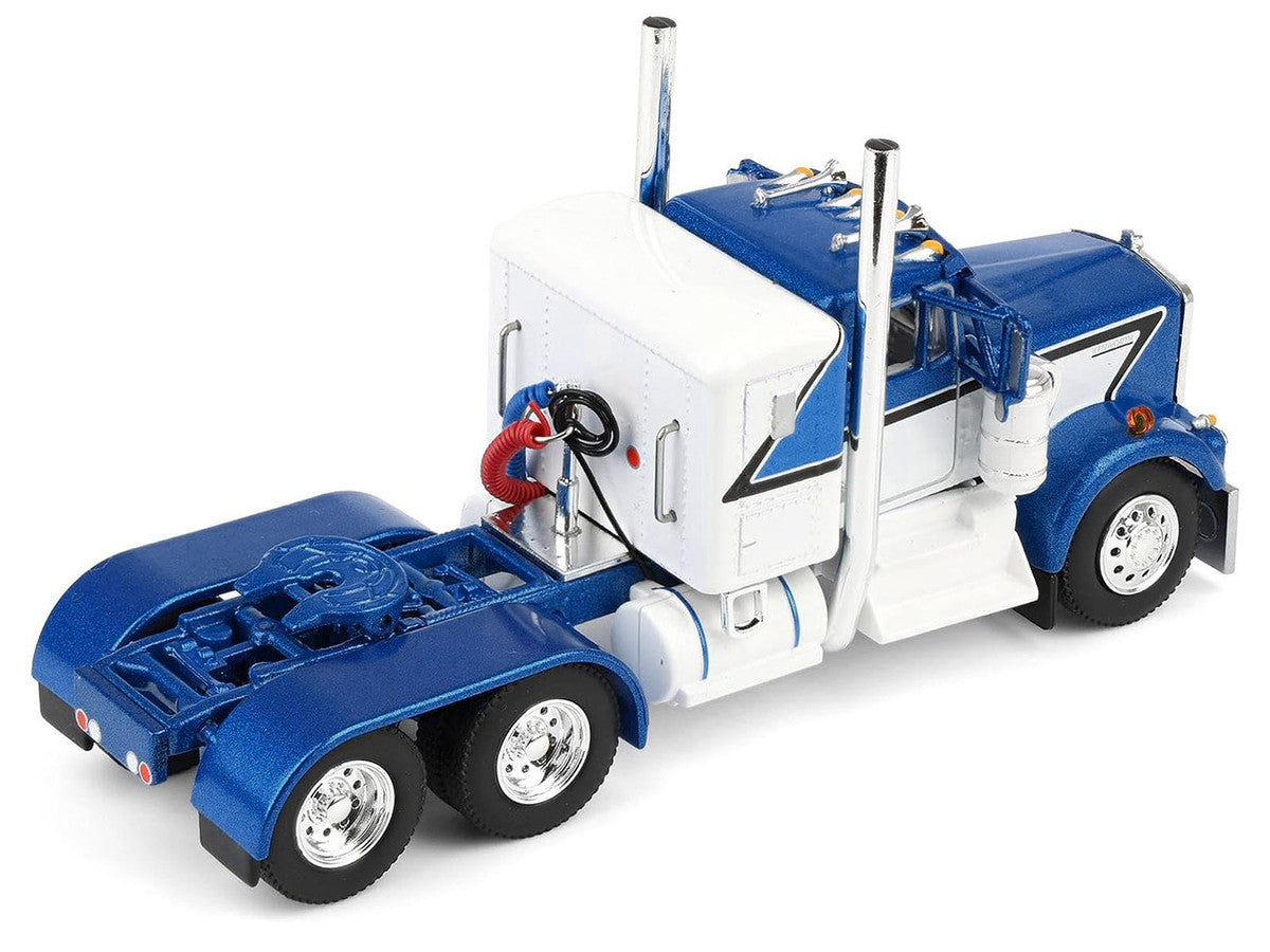 Kenworth W900A with 36" Sleeper and 45' Wilson Vintage Livestock Trailer Mariner Blue and White with Silver Trailer 1/64 Diecast Model by DCP/First Gear LuxuryLifeWay Online Store