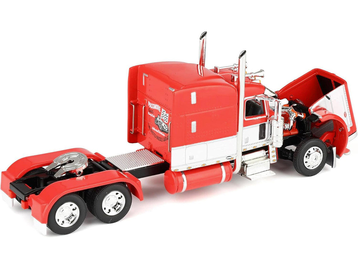 Peterbilt 389 with 63" Mid-Roof Sleeper and Heil Fuel Tank Trailer "Busted Knuckle Garage" Red and White 1/64 Diecast Model by DCP/First Gear LuxuryLifeWay Online Store