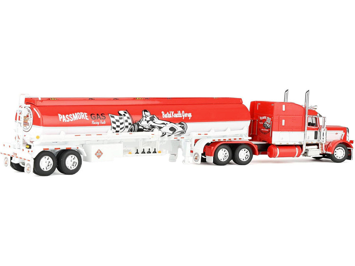 Peterbilt 389 with 63" Mid-Roof Sleeper and Heil Fuel Tank Trailer "Busted Knuckle Garage" Red and White 1/64 Diecast Model by DCP/First Gear LuxuryLifeWay Online Store