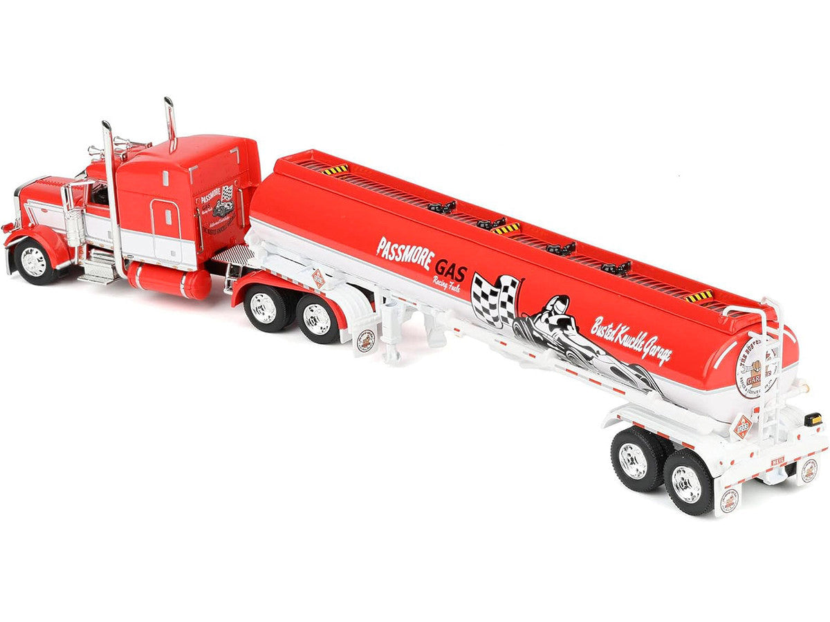 Peterbilt 389 with 63" Mid-Roof Sleeper and Heil Fuel Tank Trailer "Busted Knuckle Garage" Red and White 1/64 Diecast Model by DCP/First Gear LuxuryLifeWay Online Store