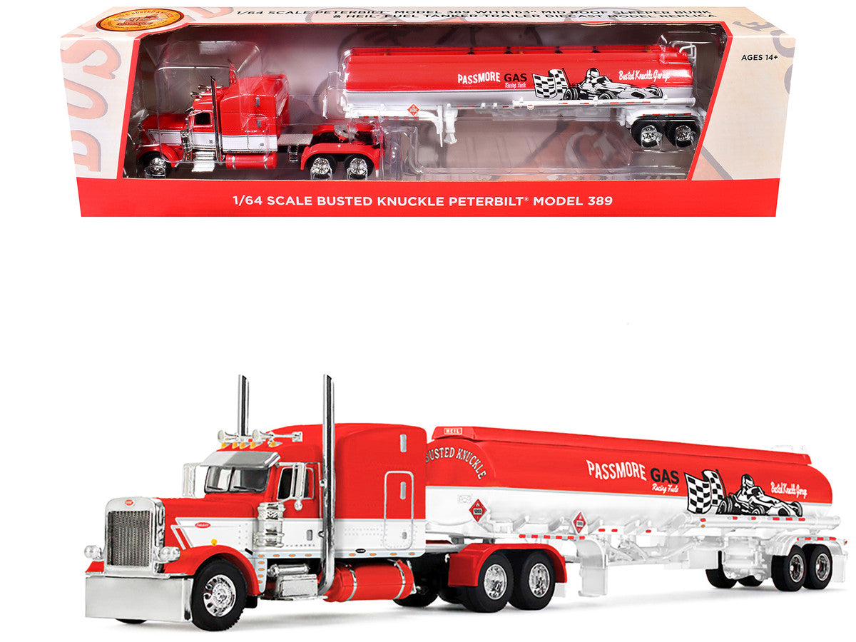 Peterbilt 389 with 63" Mid-Roof Sleeper and Heil Fuel Tank Trailer "Busted Knuckle Garage" Red and White 1/64 Diecast Model by DCP/First Gear LuxuryLifeWay Online Store