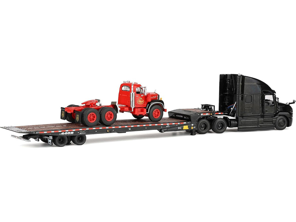 Mack Anthem Sleeper and Landoll 440B-50CA Traveling Axle Trailer Black with Mack B-61 Day Cab Load Red "Mack Anniversary" 1/64 Diecast Model by DCP/First Gear LuxuryLifeWay Online Store