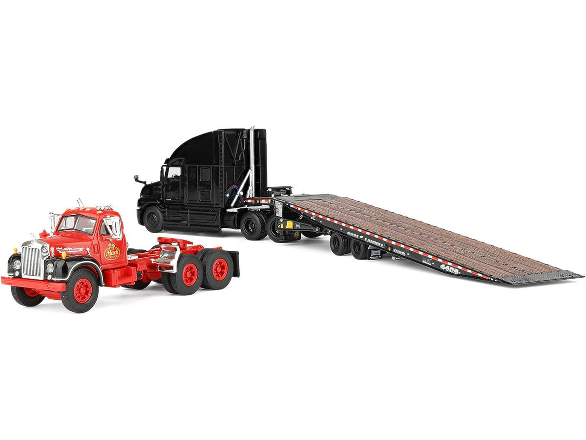 Mack Anthem Sleeper and Landoll 440B-50CA Traveling Axle Trailer Black with Mack B-61 Day Cab Load Red "Mack Anniversary" 1/64 Diecast Model by DCP/First Gear LuxuryLifeWay Online Store