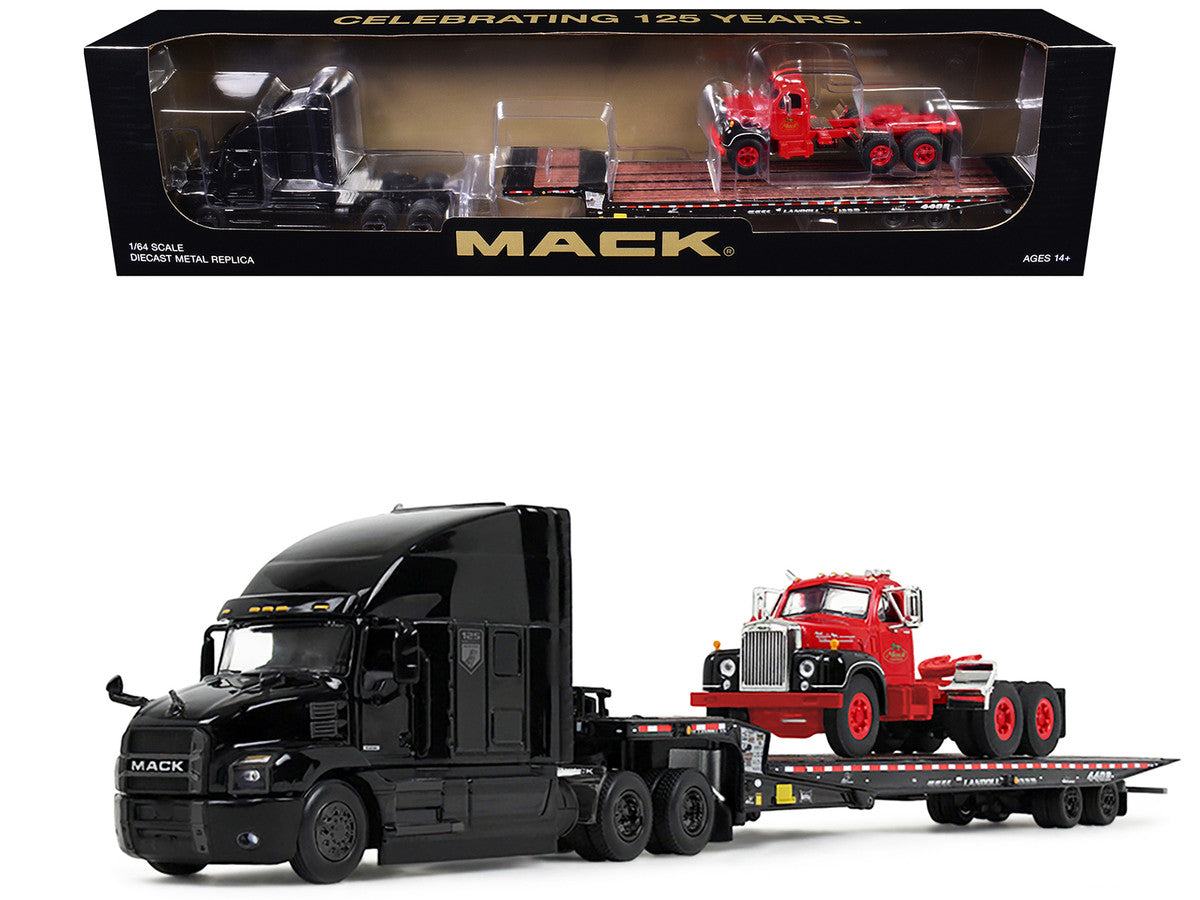 Mack Anthem Sleeper and Landoll 440B-50CA Traveling Axle Trailer Black with Mack B-61 Day Cab Load Red "Mack Anniversary" 1/64 Diecast Model by DCP/First Gear LuxuryLifeWay Online Store