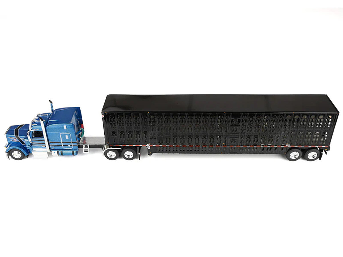 Peterbilt 589 with 72" Mid-Roof Sleeper and Wilson Silverstar Livestock Trailer Bright Blue with Black Stripes and Trailer 1/64 Diecast Model by DCP/First Gear LuxuryLifeWay Online Store