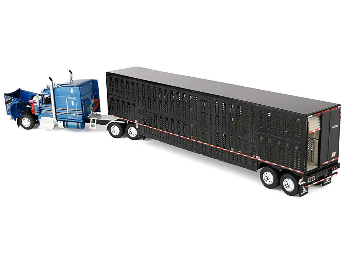 Peterbilt 589 with 72" Mid-Roof Sleeper and Wilson Silverstar Livestock Trailer Bright Blue with Black Stripes and Trailer 1/64 Diecast Model by DCP/First Gear LuxuryLifeWay Online Store