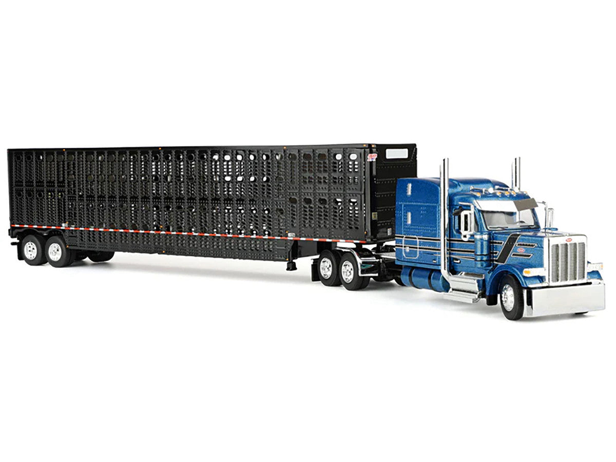 Peterbilt 589 with 72" Mid-Roof Sleeper and Wilson Silverstar Livestock Trailer Bright Blue with Black Stripes and Trailer 1/64 Diecast Model by DCP/First Gear LuxuryLifeWay Online Store