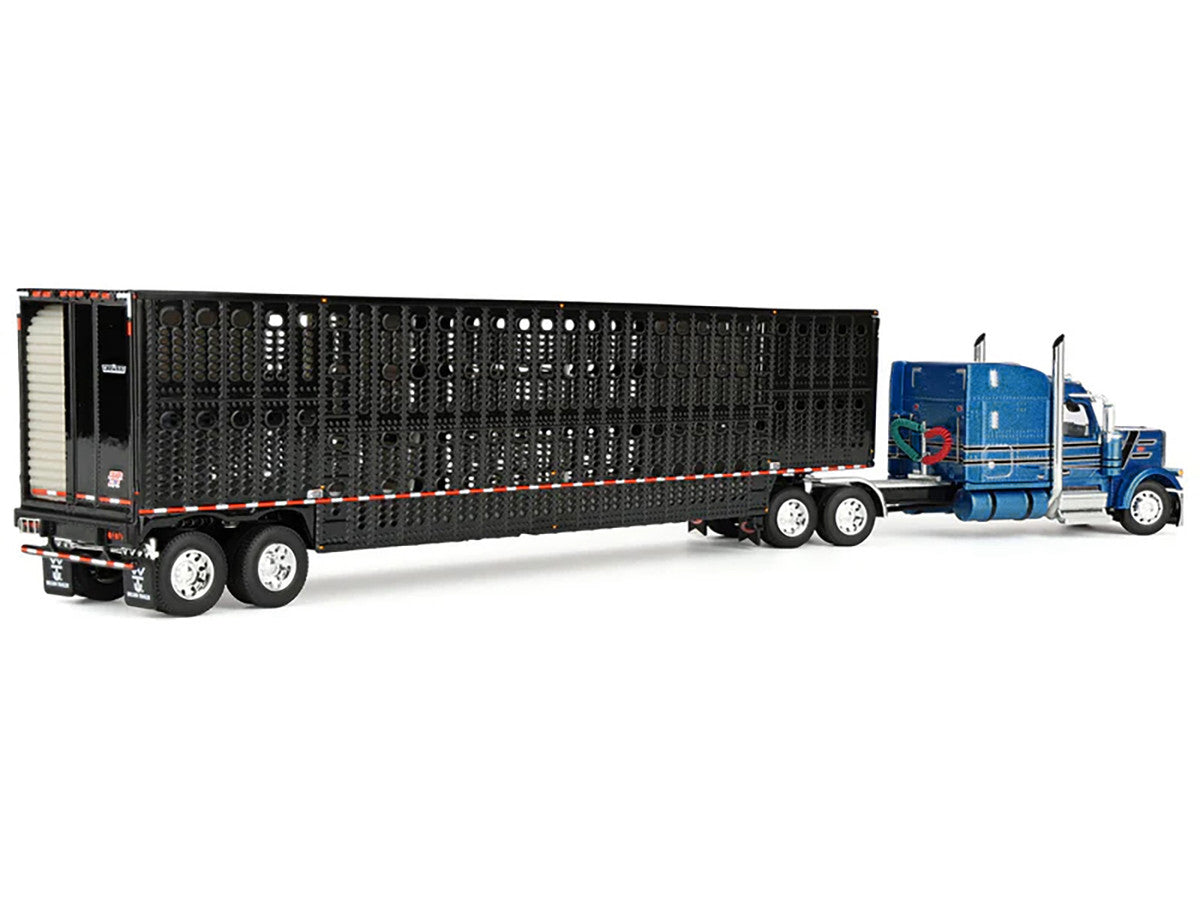 Peterbilt 589 with 72" Mid-Roof Sleeper and Wilson Silverstar Livestock Trailer Bright Blue with Black Stripes and Trailer 1/64 Diecast Model by DCP/First Gear LuxuryLifeWay Online Store