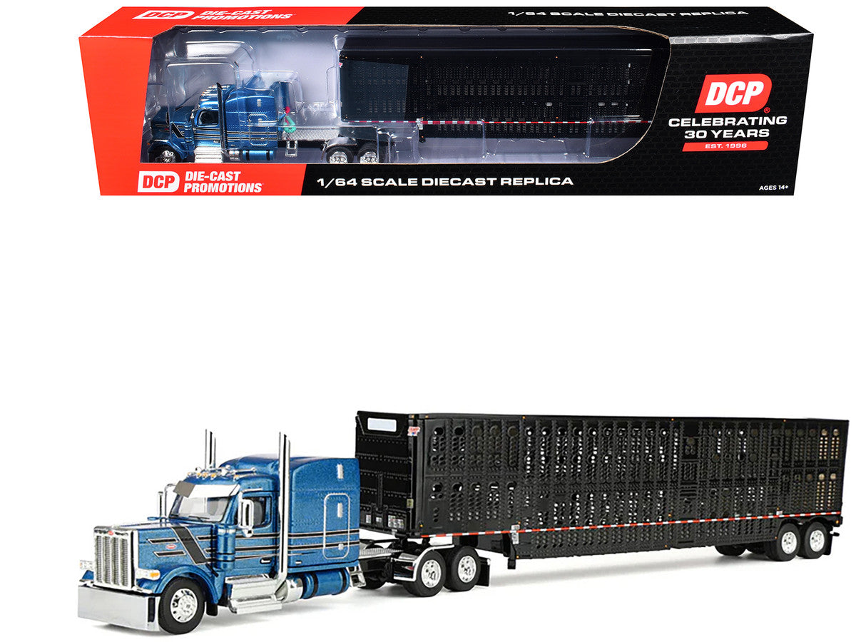 Peterbilt 589 with 72" Mid-Roof Sleeper and Wilson Silverstar Livestock Trailer Bright Blue with Black Stripes and Trailer 1/64 Diecast Model by DCP/First Gear LuxuryLifeWay Online Store