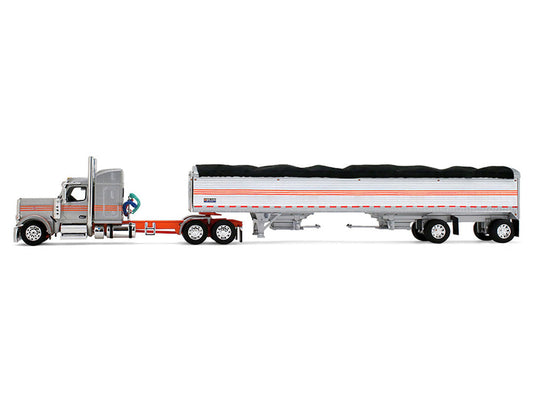 Peterbilt 589 with 58" Mid-Roof Sleeper and 50' Wilson Pacesetter Grain Trailer Silver Metallic with Orange Stripes 1/64 Diecast Model by DCP/First Gear LuxuryLifeWay Online Store