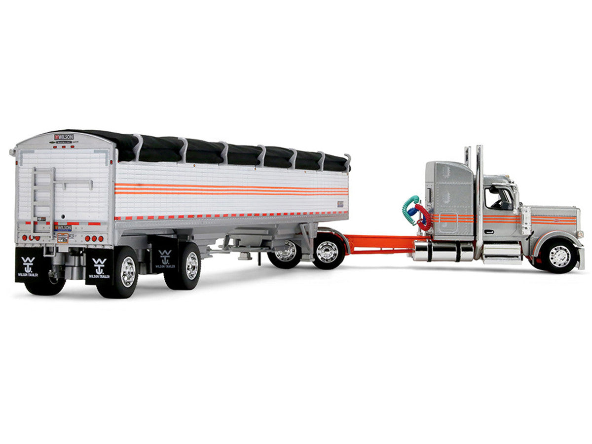 Peterbilt 589 with 58" Mid-Roof Sleeper and 50' Wilson Pacesetter Grain Trailer Silver Metallic with Orange Stripes 1/64 Diecast Model by DCP/First Gear LuxuryLifeWay Online Store