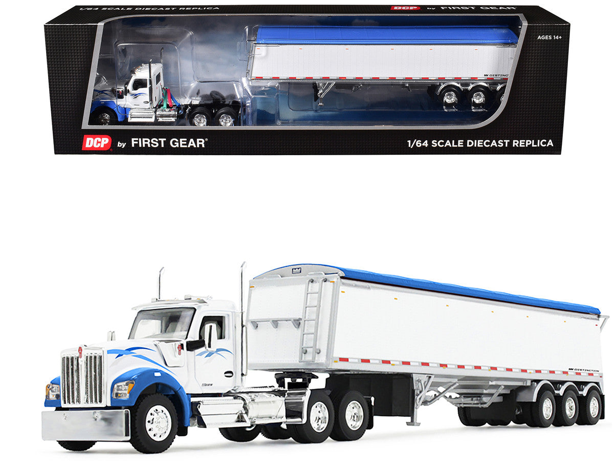 Kenworth W990 Day Cab and Lode King Distinction Hopper Trailer White and Blue 1/64 Diecast Model by DCP/First Gear LuxuryLifeWay Online Store