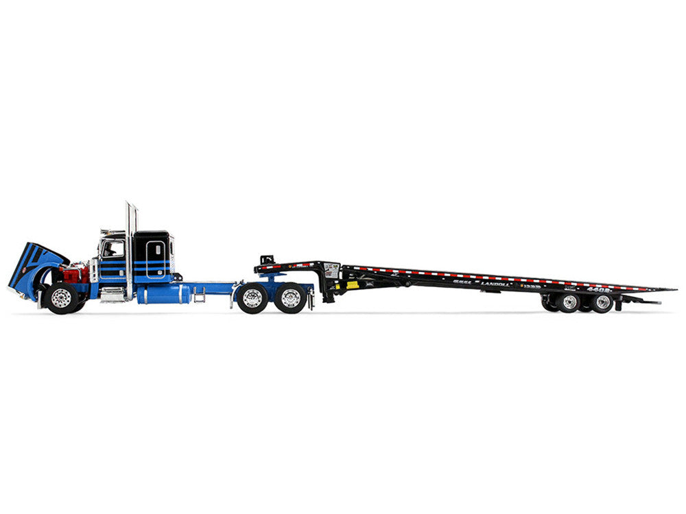 Peterbilt 389 with 48" Flat Top Sleeper and Landoll 440B-50CA Traveling Axle Trailer Black with Blue Stripes 1/64 Diecast Model by DCP/First Gear LuxuryLifeWay Online Store