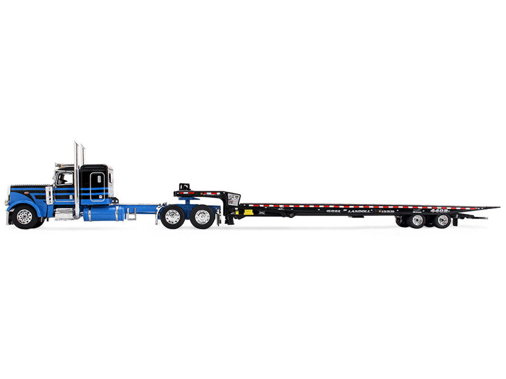 Peterbilt 389 with 48" Flat Top Sleeper and Landoll 440B-50CA Traveling Axle Trailer Black with Blue Stripes 1/64 Diecast Model by DCP/First Gear LuxuryLifeWay Online Store