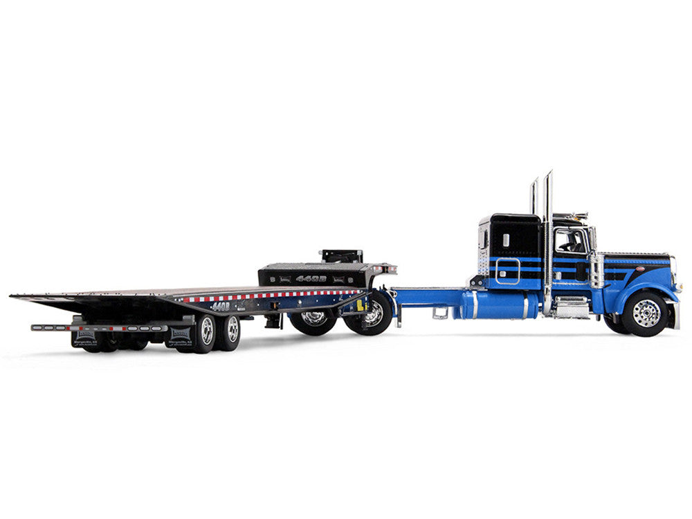 Peterbilt 389 with 48" Flat Top Sleeper and Landoll 440B-50CA Traveling Axle Trailer Black with Blue Stripes 1/64 Diecast Model by DCP/First Gear LuxuryLifeWay Online Store