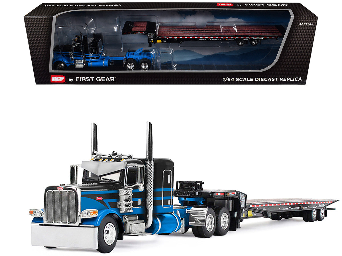 Peterbilt 389 with 48" Flat Top Sleeper and Landoll 440B-50CA Traveling Axle Trailer Black with Blue Stripes 1/64 Diecast Model by DCP/First Gear LuxuryLifeWay Online Store