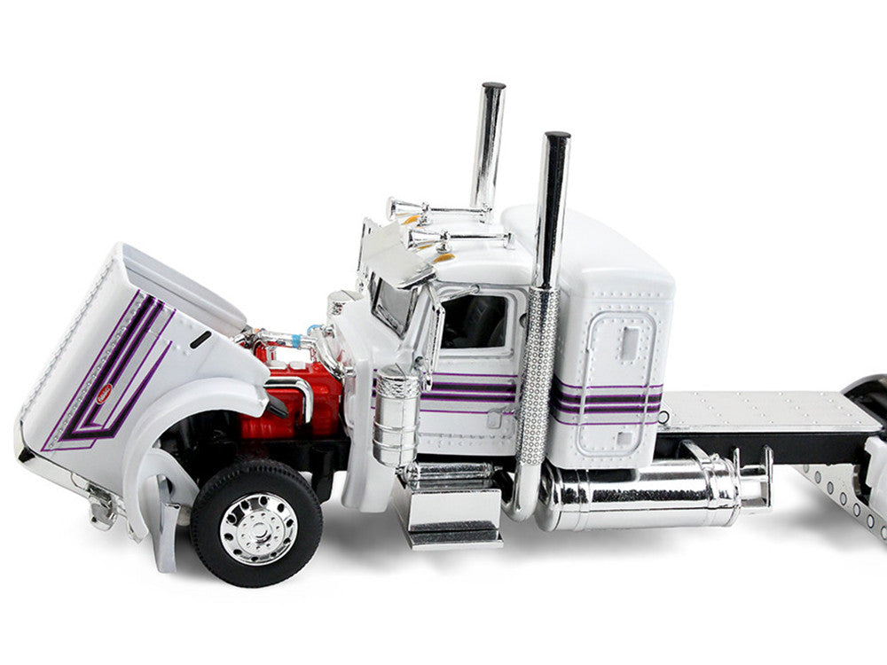 Peterbilt 389 with 36" Flat Top Sleeper and Fontaine Magnitude Lowboy Trailer White with Black Stripes 1/64 Diecast Model by DCP/First Gear LuxuryLifeWay Online Store
