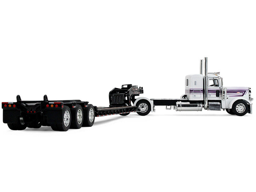 Peterbilt 389 with 36" Flat Top Sleeper and Fontaine Magnitude Lowboy Trailer White with Black Stripes 1/64 Diecast Model by DCP/First Gear LuxuryLifeWay Online Store