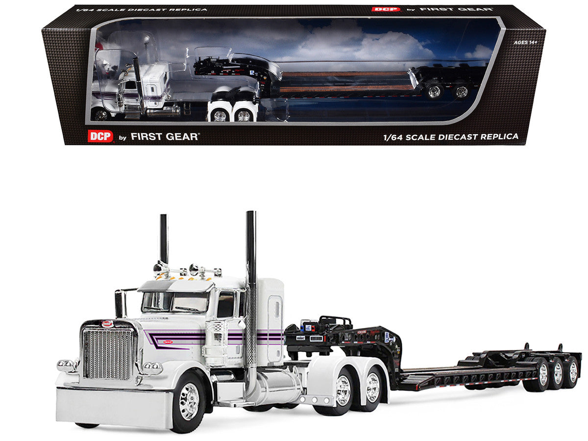 Peterbilt 389 with 36" Flat Top Sleeper and Fontaine Magnitude Lowboy Trailer White with Black Stripes 1/64 Diecast Model by DCP/First Gear LuxuryLifeWay Online Store