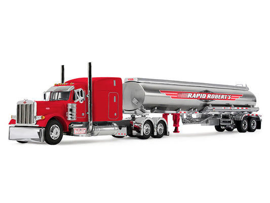 Peterbilt 379 with 63" Mid-Roof Sleeper and Heil Fuel Tank Trailer "Rapid Roberts" Red 1/64 Diecast Model by DCP/First Gear LuxuryLifeWay Online Store