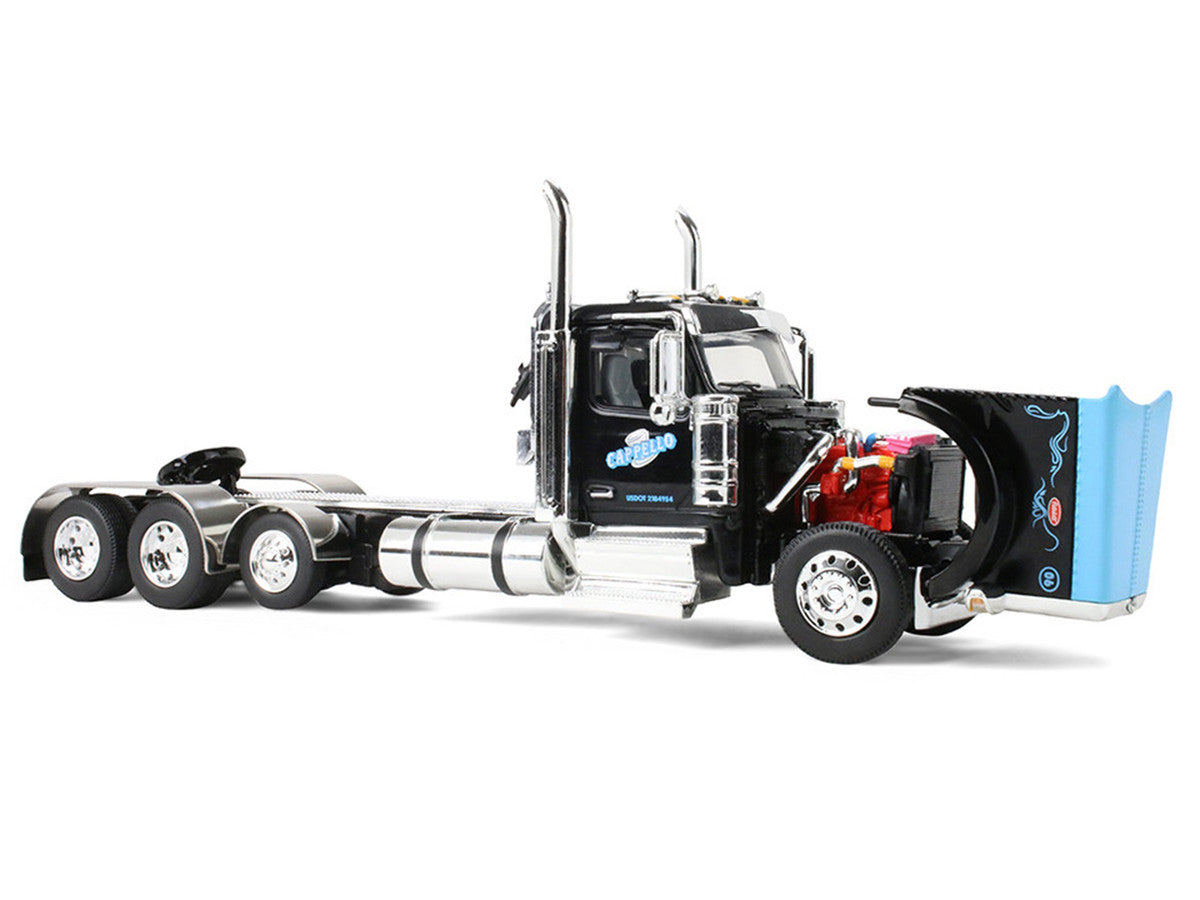 Peterbilt 589 Day Cab and Fontaine Renegade LXT40 Lowboy Trailer with Fliptail "Cappello Heavy Transport" Black with Light Blue Hood 1/64 Diecast Model by DCP/First Gear LuxuryLifeWay Online Store