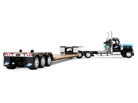 Peterbilt 589 Day Cab and Fontaine Renegade LXT40 Lowboy Trailer with Fliptail "Cappello Heavy Transport" Black with Light Blue Hood 1/64 Diecast Model by DCP/First Gear LuxuryLifeWay Online Store
