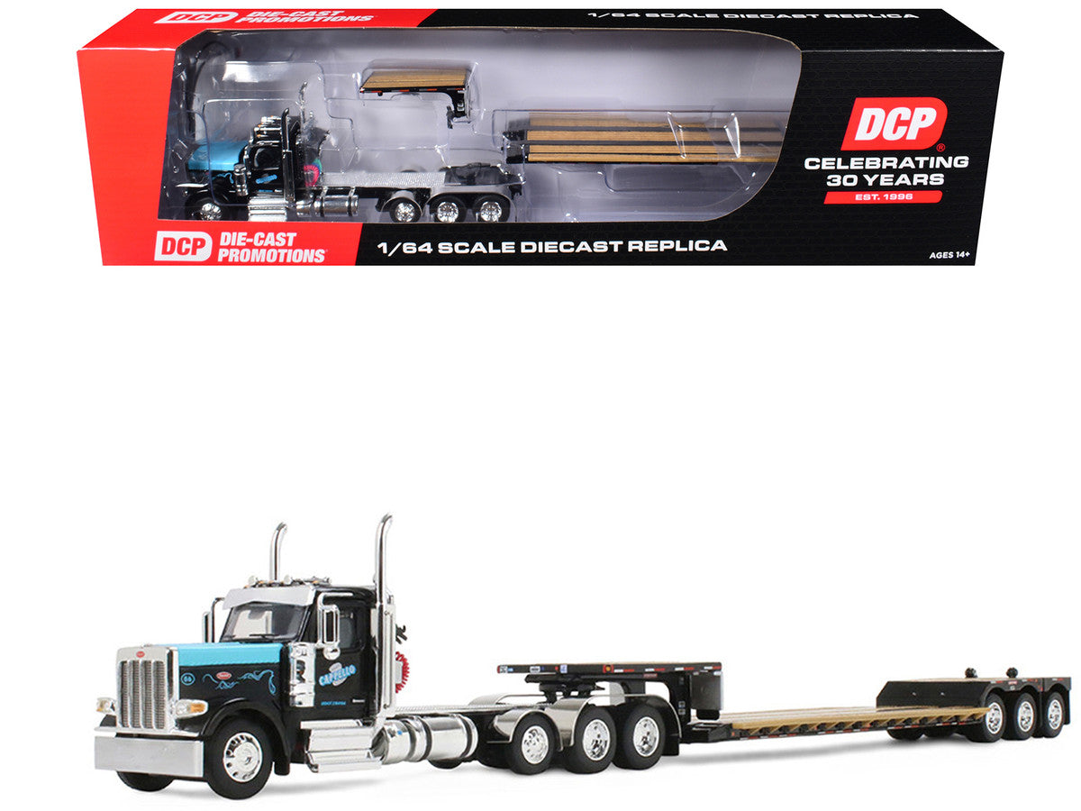 Peterbilt 589 Day Cab and Fontaine Renegade LXT40 Lowboy Trailer with Fliptail "Cappello Heavy Transport" Black with Light Blue Hood 1/64 Diecast Model by DCP/First Gear LuxuryLifeWay Online Store