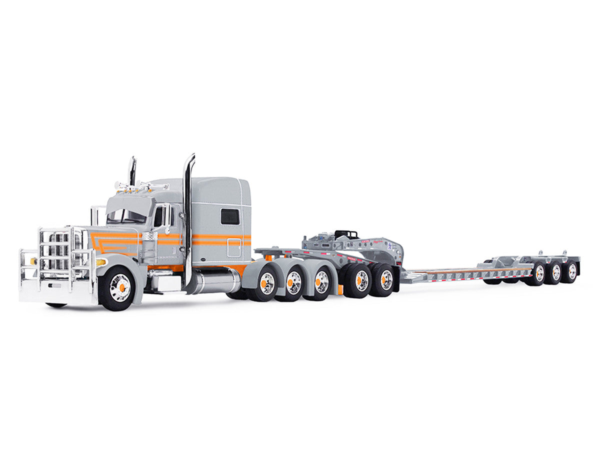 Peterbilt 389 with 70" Mid-Roof Sleeper and Fontaine Magnitude Tri-Axle Lowboy Trailer with Jeep "Capitola Trucking" Gray with Orange Stripes 1/64 Diecast Model by DCP/First Gear LuxuryLifeWay Online Store