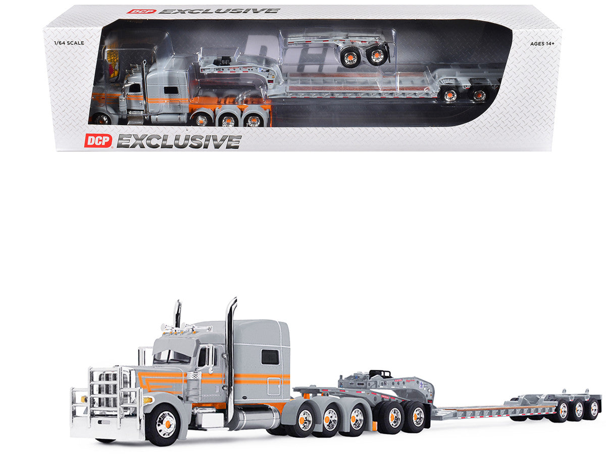 Peterbilt 389 with 70" Mid-Roof Sleeper and Fontaine Magnitude Tri-Axle Lowboy Trailer with Jeep "Capitola Trucking" Gray with Orange Stripes 1/64 Diecast Model by DCP/First Gear LuxuryLifeWay Online Store
