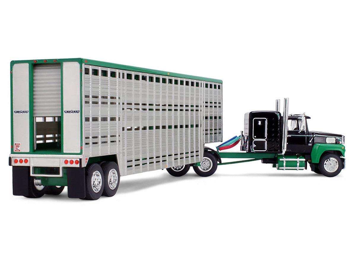 Ford LTL 9000 with 60" Flat Top Sleeper and 45' Wilson Vintage Livestock Trailer Black and Green 1/64 Diecast Model by DCP/First Gear LuxuryLifeWay Online Store