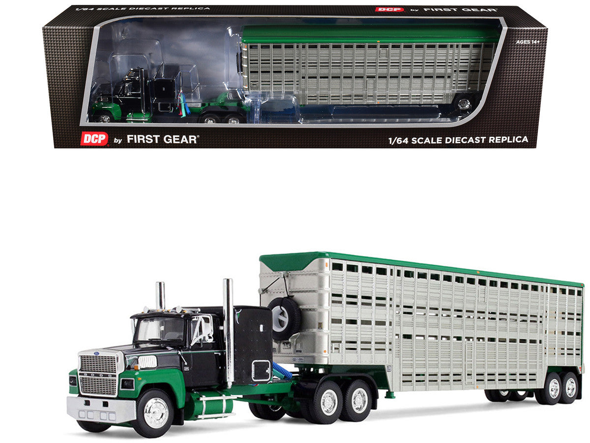 Ford LTL 9000 with 60" Flat Top Sleeper and 45' Wilson Vintage Livestock Trailer Black and Green 1/64 Diecast Model by DCP/First Gear LuxuryLifeWay Online Store
