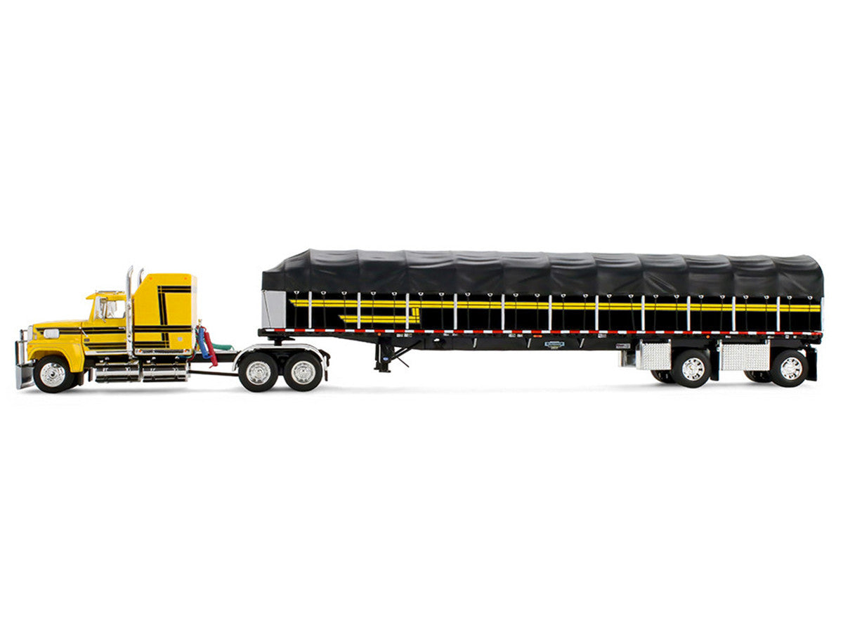 Ford LTL 9000 with 60" Aerodyne Sleeper and 53' Wilson Roadbrute Flatbed Trailer with Covered Wagon Yellow with Black Stripes 1/64 Diecast Model by DCP/First Gear LuxuryLifeWay Online Store
