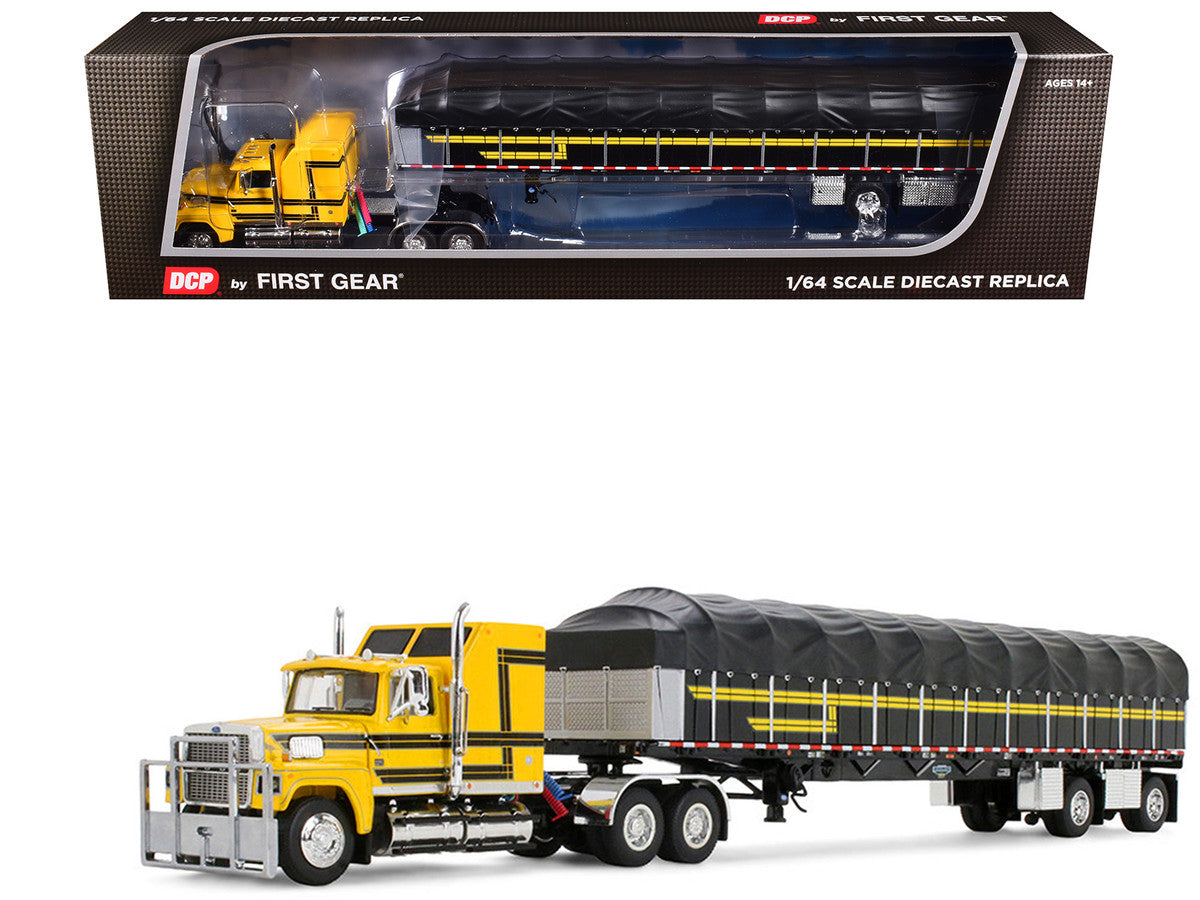 Ford LTL 9000 with 60" Aerodyne Sleeper and 53' Wilson Roadbrute Flatbed Trailer with Covered Wagon Yellow with Black Stripes 1/64 Diecast Model by DCP/First Gear LuxuryLifeWay Online Store