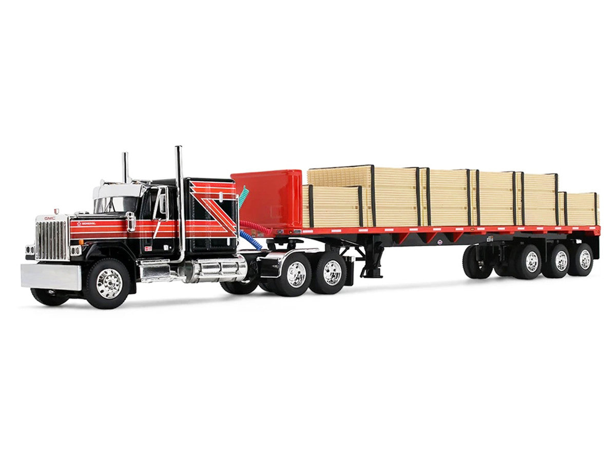 GMC General with 60" Flat Top Sleeper & 48' Utility Flatbed Trailer with Lumber Load Black with Red Stripes 1/64 Diecast Model by First Gear LuxuryLifeWay Online Store