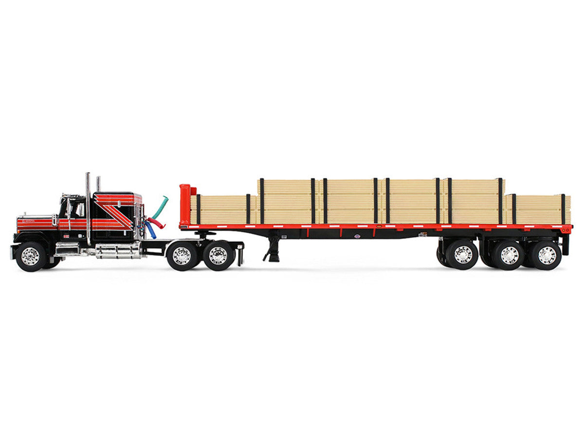 GMC General with 60" Flat Top Sleeper & 48' Utility Flatbed Trailer with Lumber Load Black with Red Stripes 1/64 Diecast Model by First Gear LuxuryLifeWay Online Store
