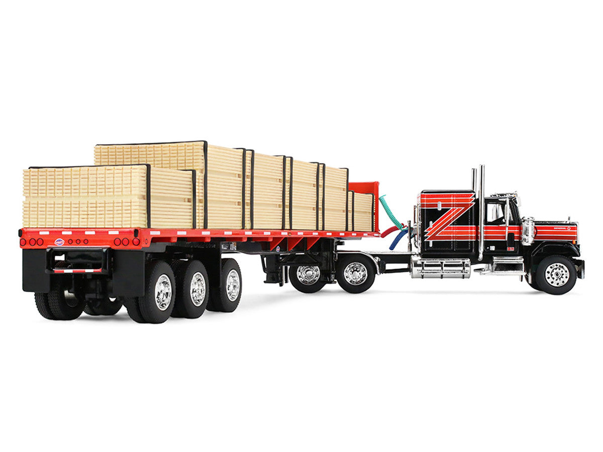 GMC General with 60" Flat Top Sleeper & 48' Utility Flatbed Trailer with Lumber Load Black with Red Stripes 1/64 Diecast Model by First Gear LuxuryLifeWay Online Store