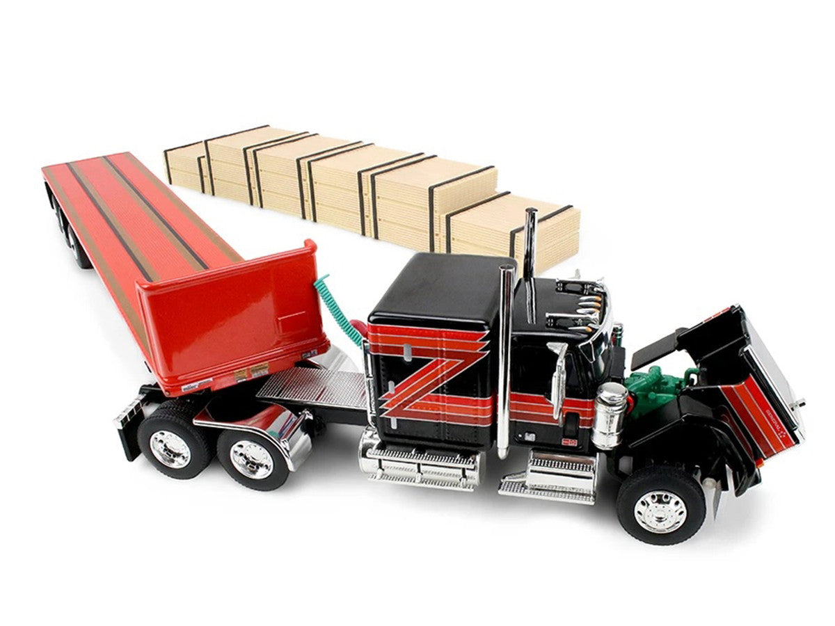 GMC General with 60" Flat Top Sleeper & 48' Utility Flatbed Trailer with Lumber Load Black with Red Stripes 1/64 Diecast Model by First Gear LuxuryLifeWay Online Store