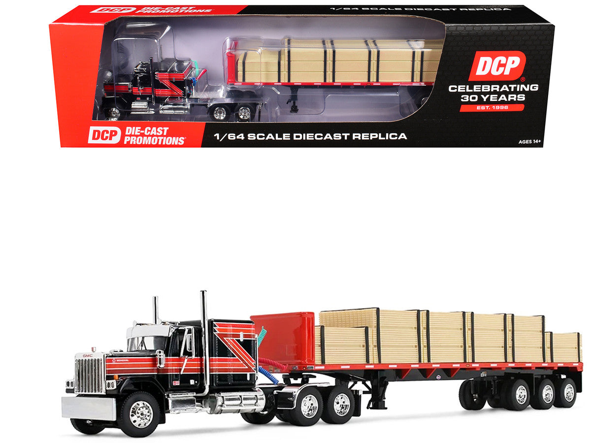 GMC General with 60" Flat Top Sleeper & 48' Utility Flatbed Trailer with Lumber Load Black with Red Stripes 1/64 Diecast Model by First Gear LuxuryLifeWay Online Store