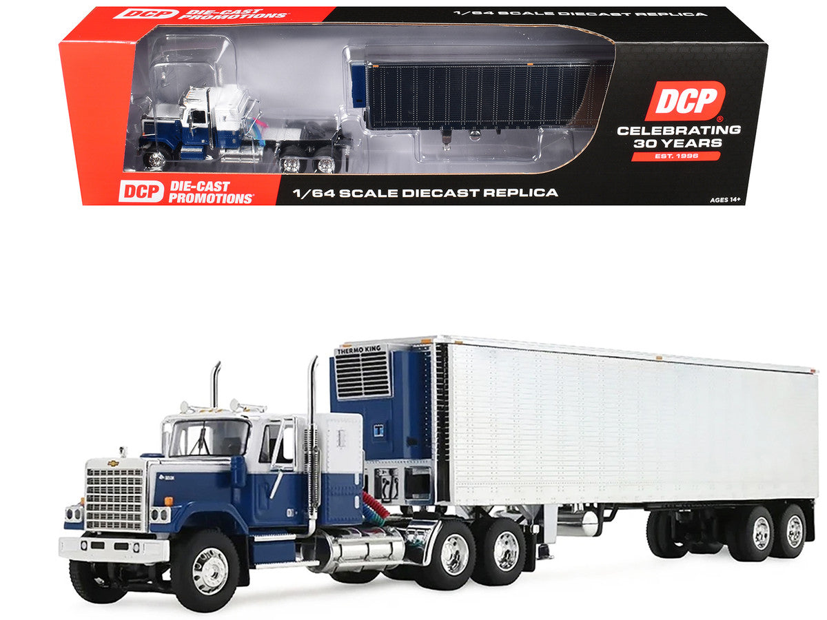 Chevrolet Bison with 34" Flat Top Sleeper & 40' Vintage Trailer with Reefer Blue and White 1/64 Diecast Model by DCP/First Gear LuxuryLifeWay Online Store