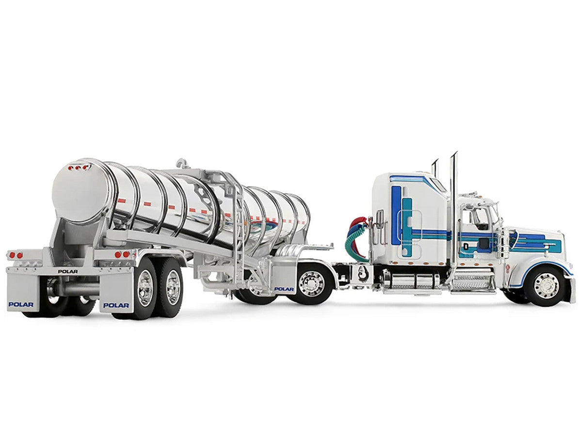 Kenworth W900L with 60" Aerodyne Sleeper and Polar Deep Drop Trailer White with Blue and Green Stripes 1/64 Diecast Model by DCP/First Gear LuxuryLifeWay Online Store