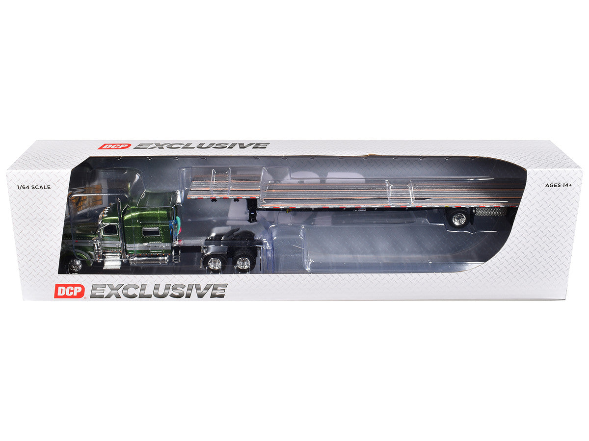 Peterbilt 389 with 70" Mid-Roof Sleeper and Transcraft Step Deck Trailer "Zimmerman Transport LLC" Green with Gray Stripes 1/64 Diecast Model by DCP/First Gear LuxuryLifeWay Online Store