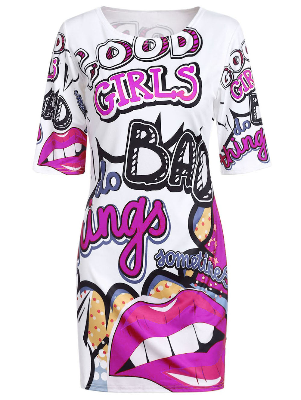 Funny Red Lips Graffiti Print T-Shirt Dress Pi-Mart