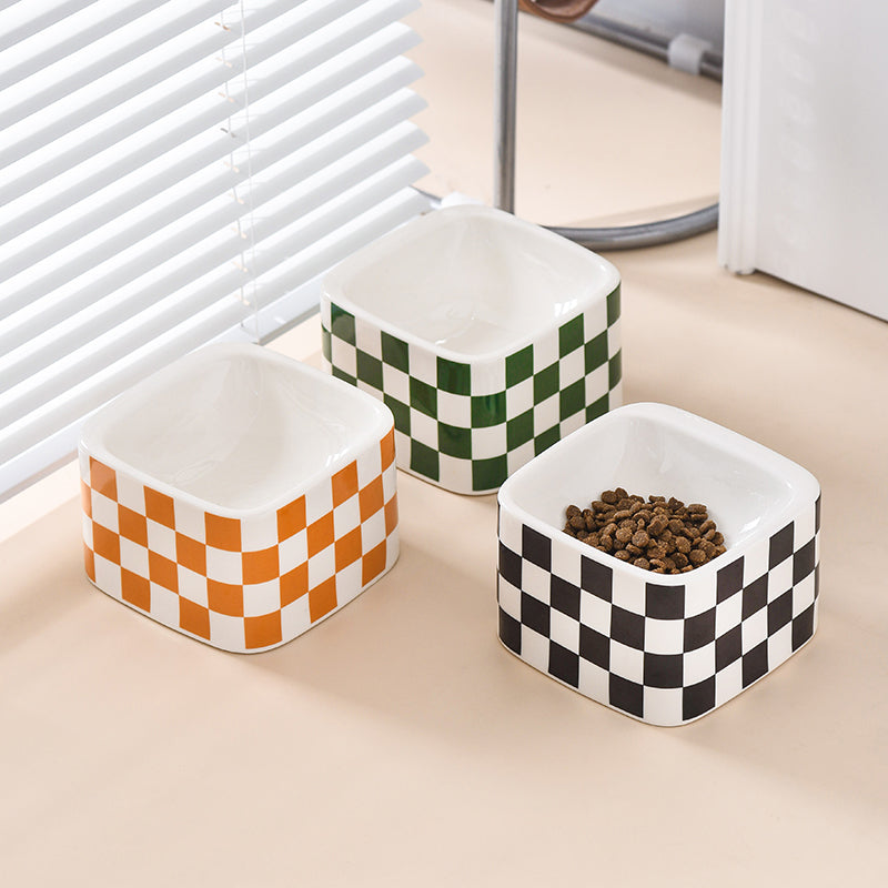 Black And White Lattice Ceramic High Foot Neck Protecting Pet Bowl Pets Fashion