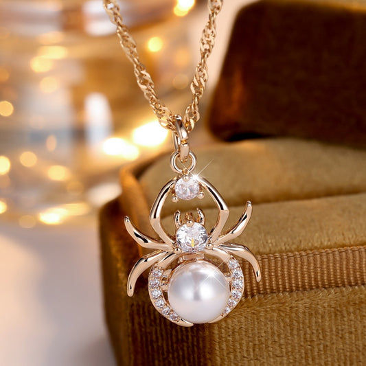 Champagne Gold Round White Diamond Pearl Spider Necklace