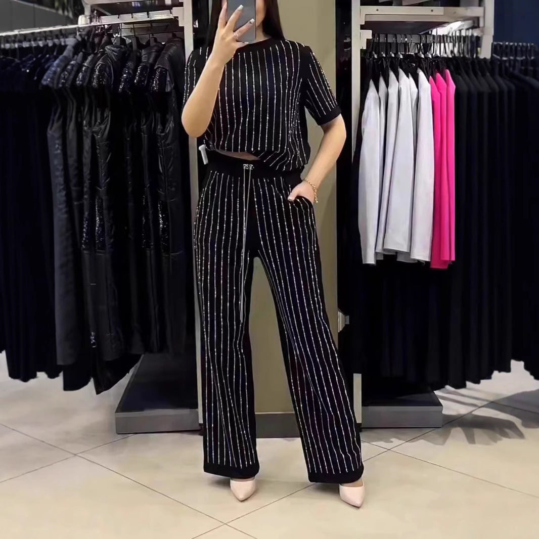 Vertical Striped Rhinestone Top Two-piece Set LadyShow.Store