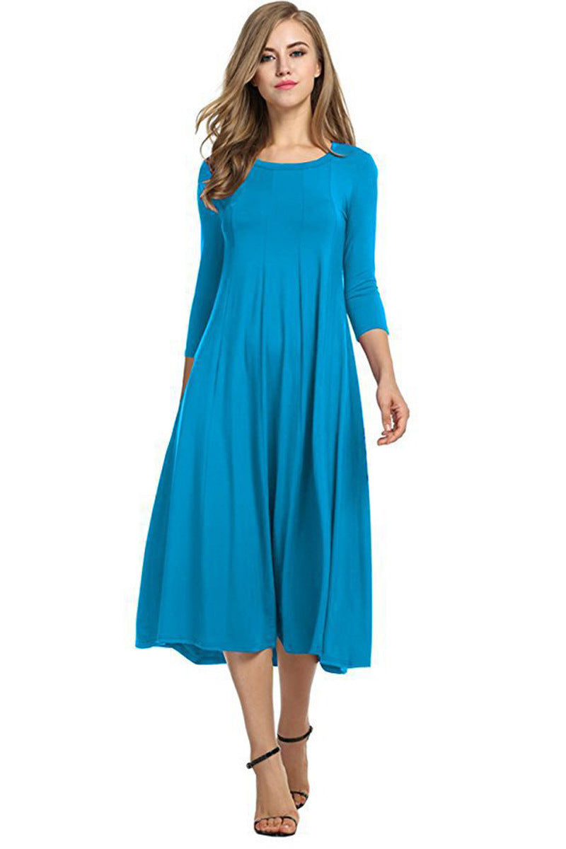 Crew Neck Sleeve Solid Color Swing Dress LuxuryLifeWay Online Store