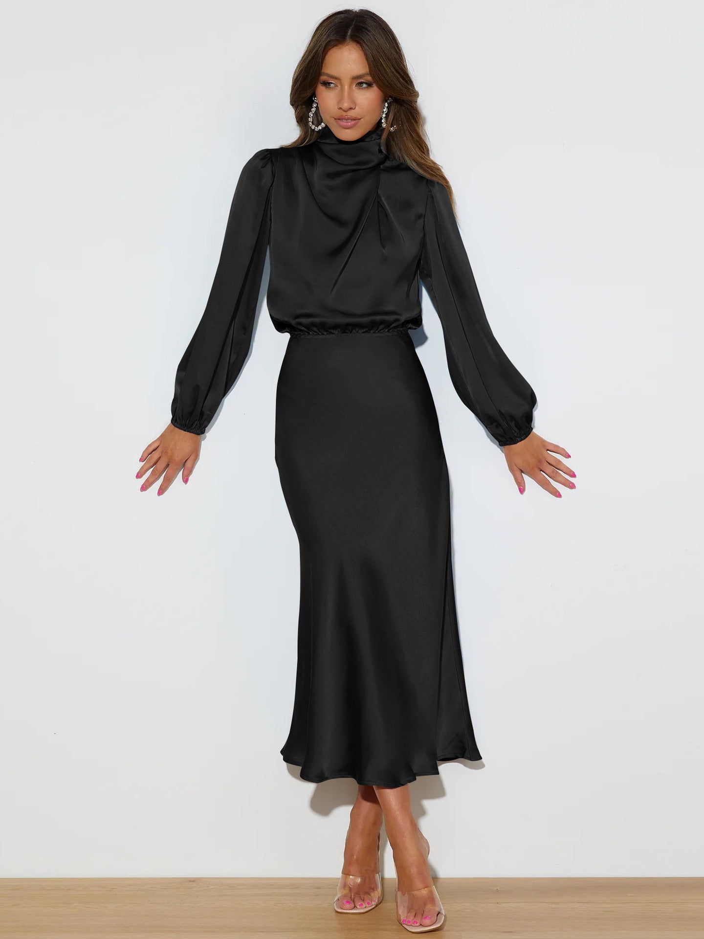 Elegant Temperament Long-sleeved Dress Satin Halterneck Formal Evening Dresses Women Clothing LadyShow.Store