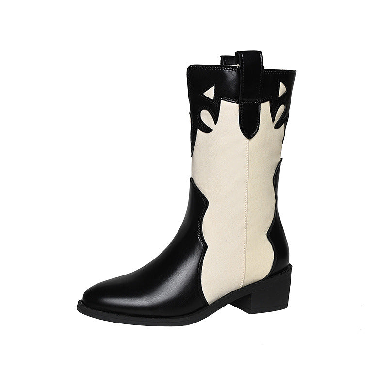 Black White Cowboy Boots Women Low Heel Mid Calf Shoes LadyShow.Store